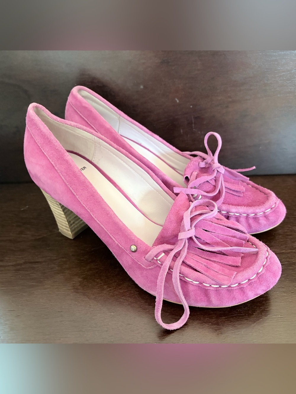 Daniel Hechter Pink Suede Fringe Loafers with Block Heel -Sz 37 EU